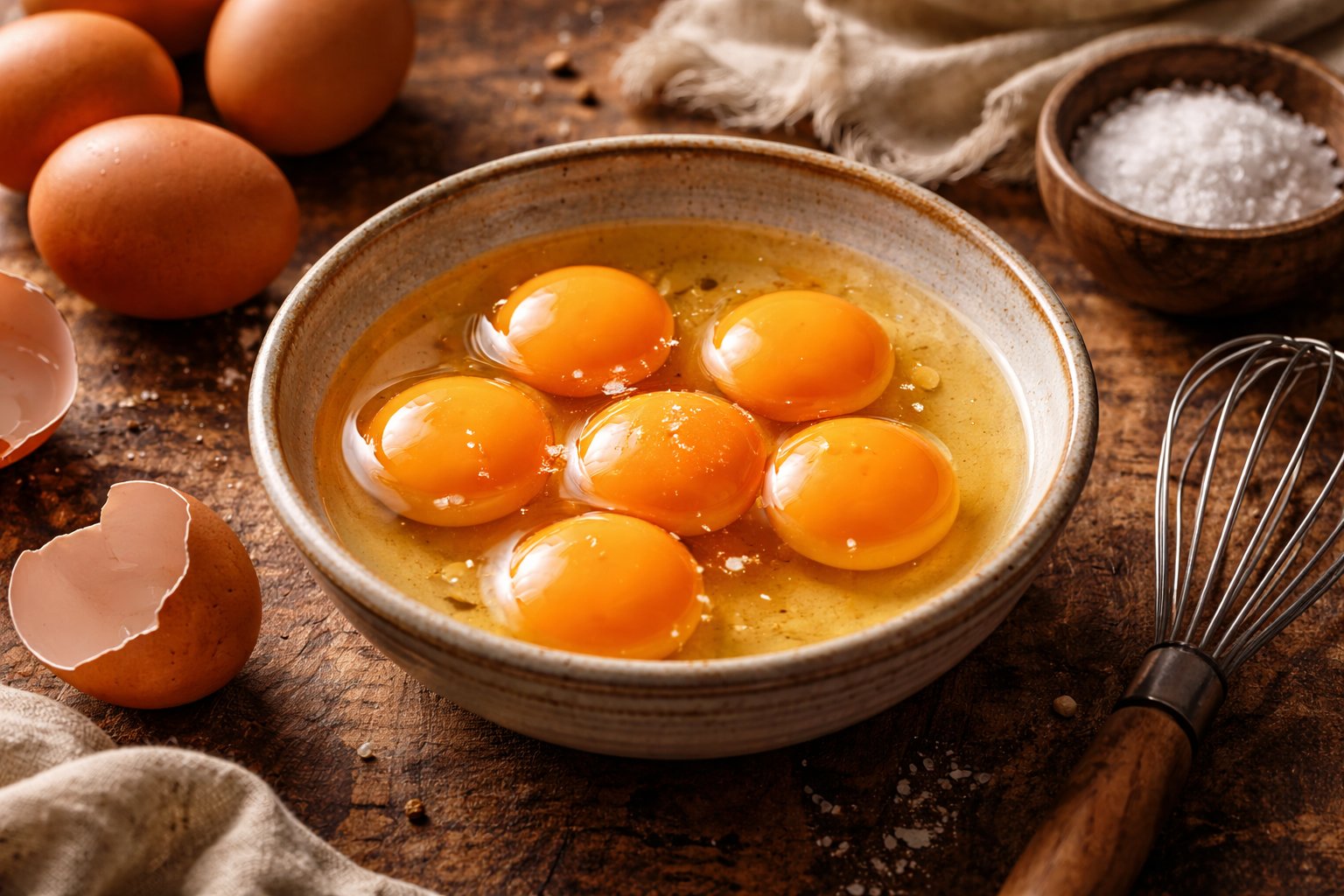Fresh egg yolks in ceramic bowl showing vibrant orange color