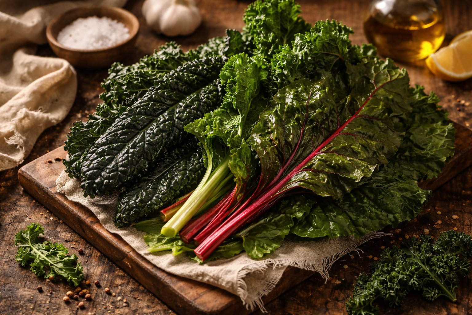 Fresh dark leafy greens including kale and chard on wooden board