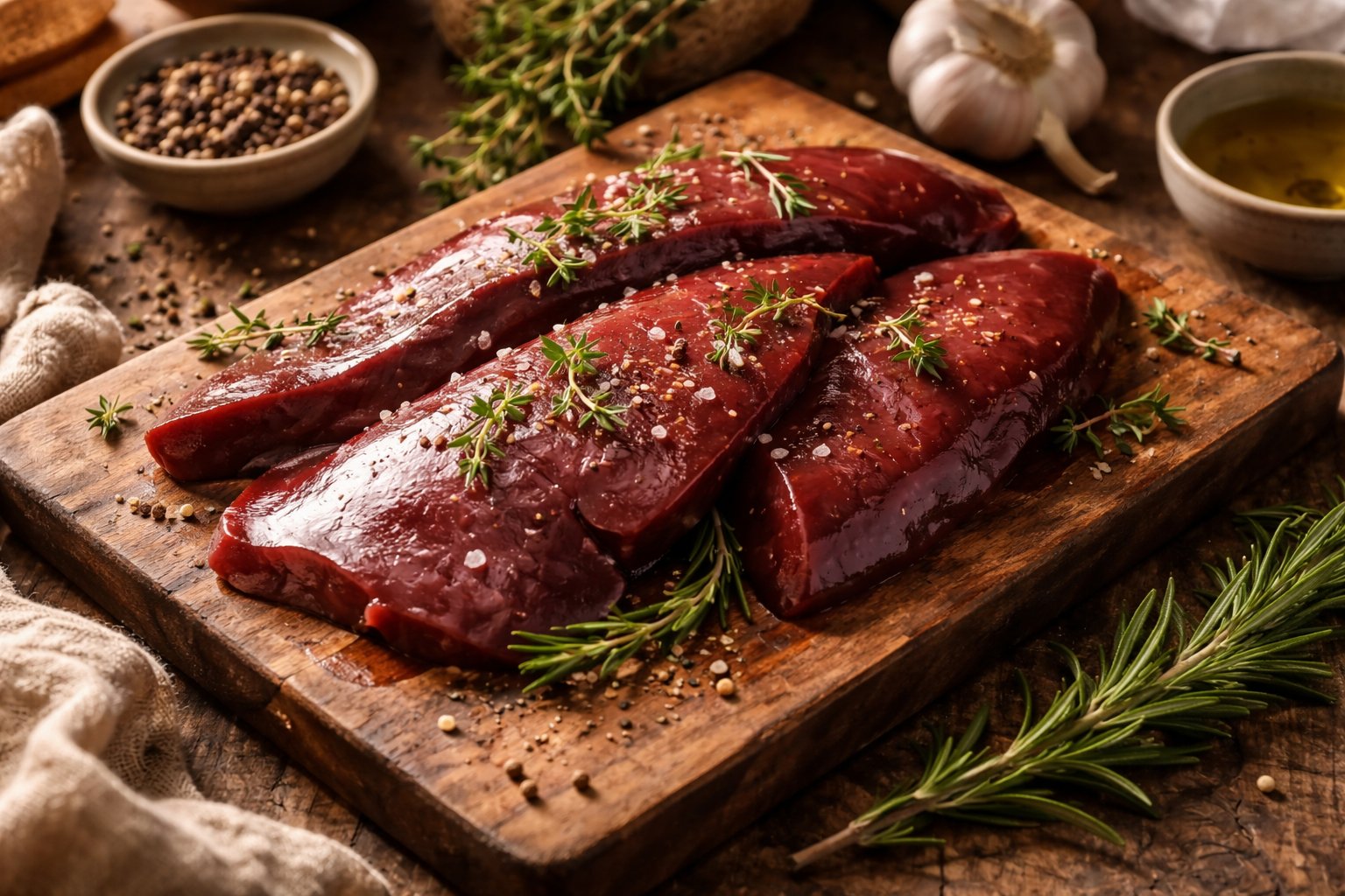 Fresh beef liver on wooden cutting board with herbs and spices